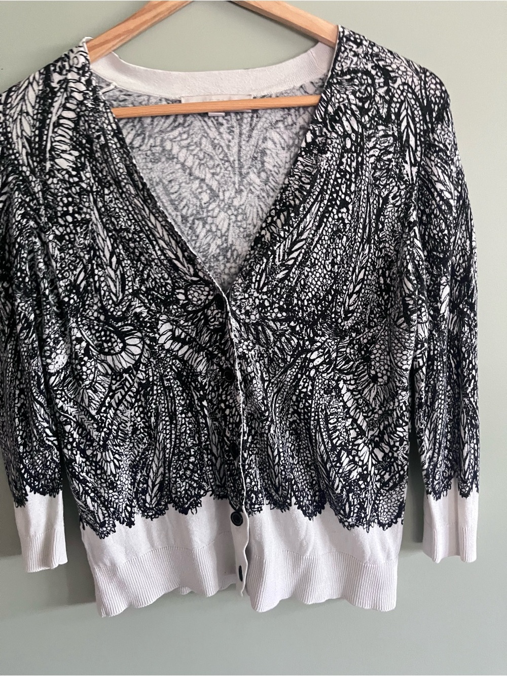 Loft Black & White Patterned V-Neck Cardigan Sweater